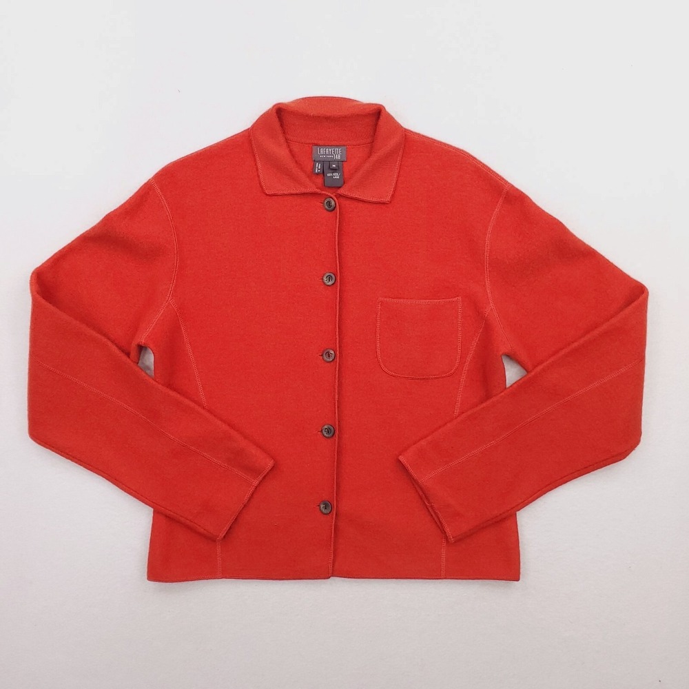 Vintage Lafayette 148 Blazer Womens‎ Medium Orange Worsted Wool Cardigan Office